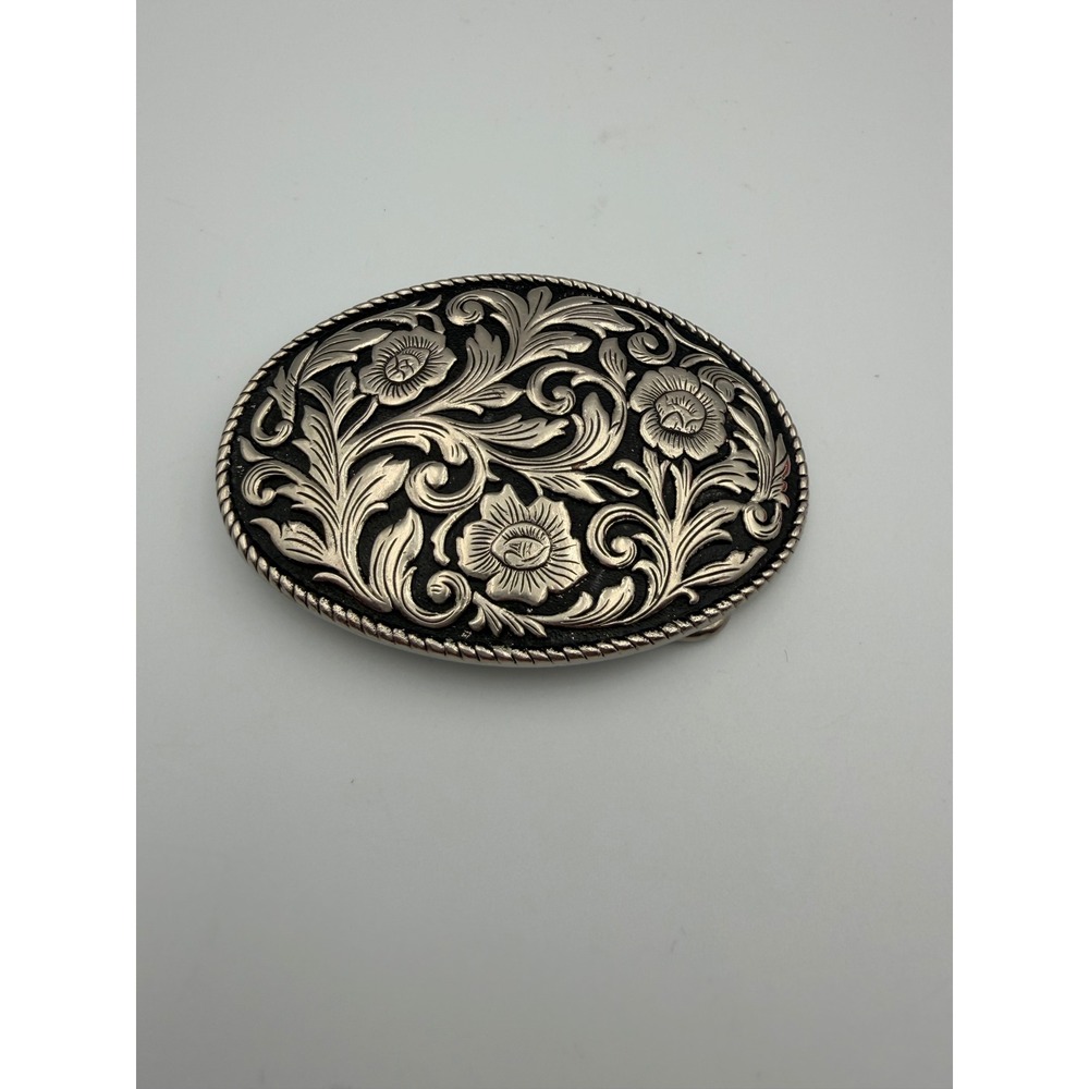 Vintage Silver Tone Floral Oval Belt Buckle Western Cowboy Scrollwork Design